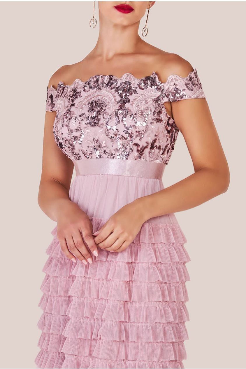 Scallop Bardot Ruffle Mesh Maxi - Blush by Goddiva