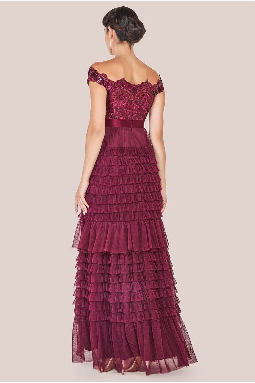 Scallop Bardot Ruffle Mesh Maxi - Burgundy by Goddiva