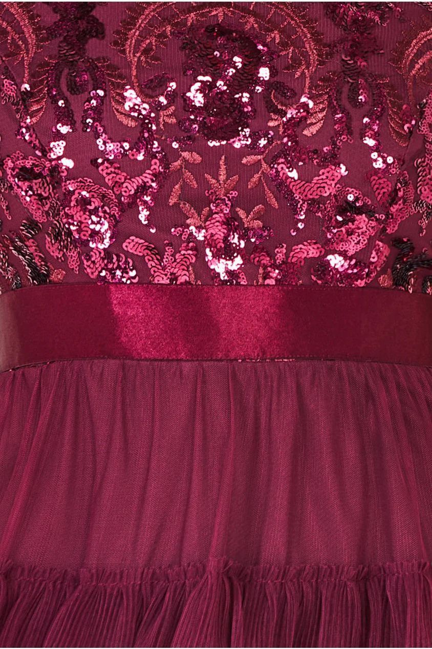 Scallop Bardot Ruffle Mesh Maxi - Burgundy by Goddiva