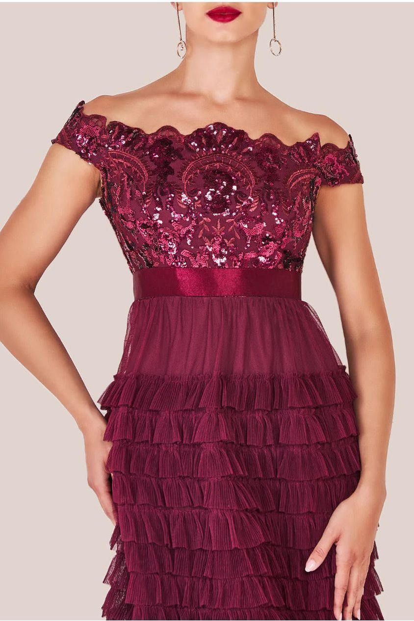Scallop Bardot Ruffle Mesh Maxi - Burgundy by Goddiva