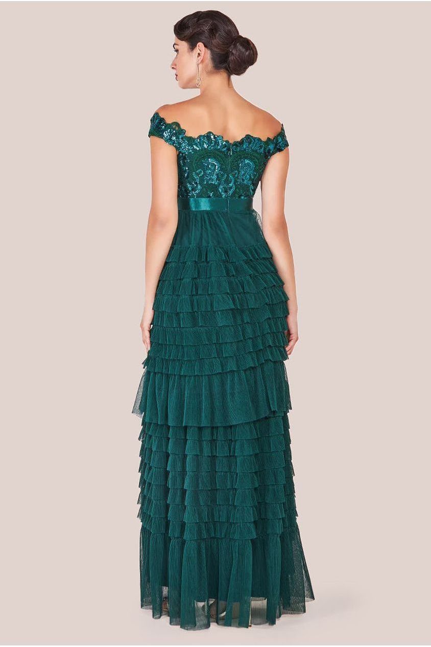 Scallop Bardot Ruffle Mesh Maxi - Emerald Green by Goddiva