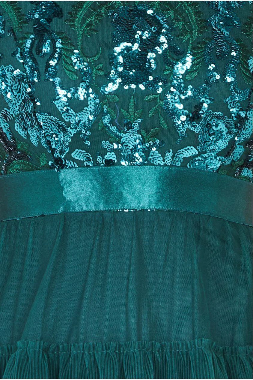 Scallop Bardot Ruffle Mesh Maxi - Emerald Green by Goddiva