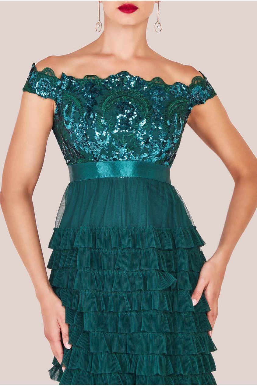 Scallop Bardot Ruffle Mesh Maxi - Emerald Green by Goddiva