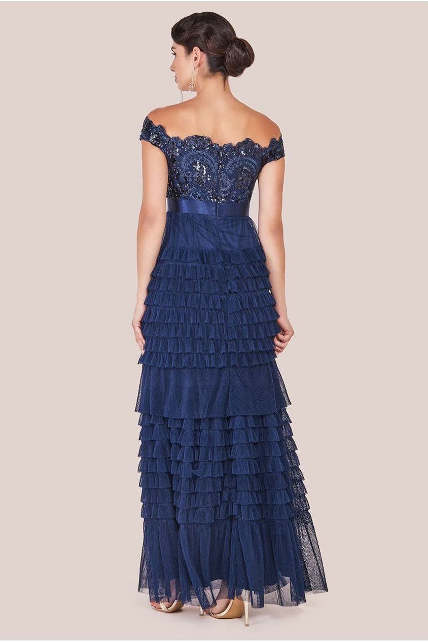 Scallop Bardot Ruffle Mesh Maxi - Navy by Goddiva
