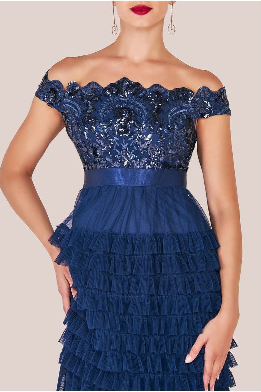 Scallop Bardot Ruffle Mesh Maxi - Navy by Goddiva