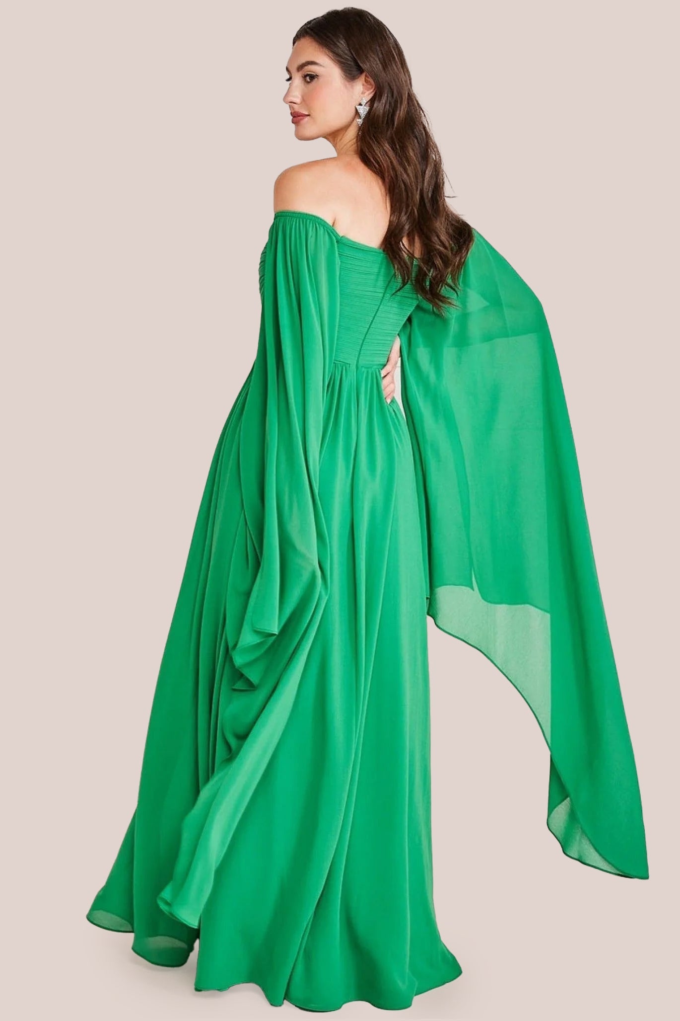 Chiffon Off The Shoulder Maxi With Cape Sleeves - Green by Goddiva