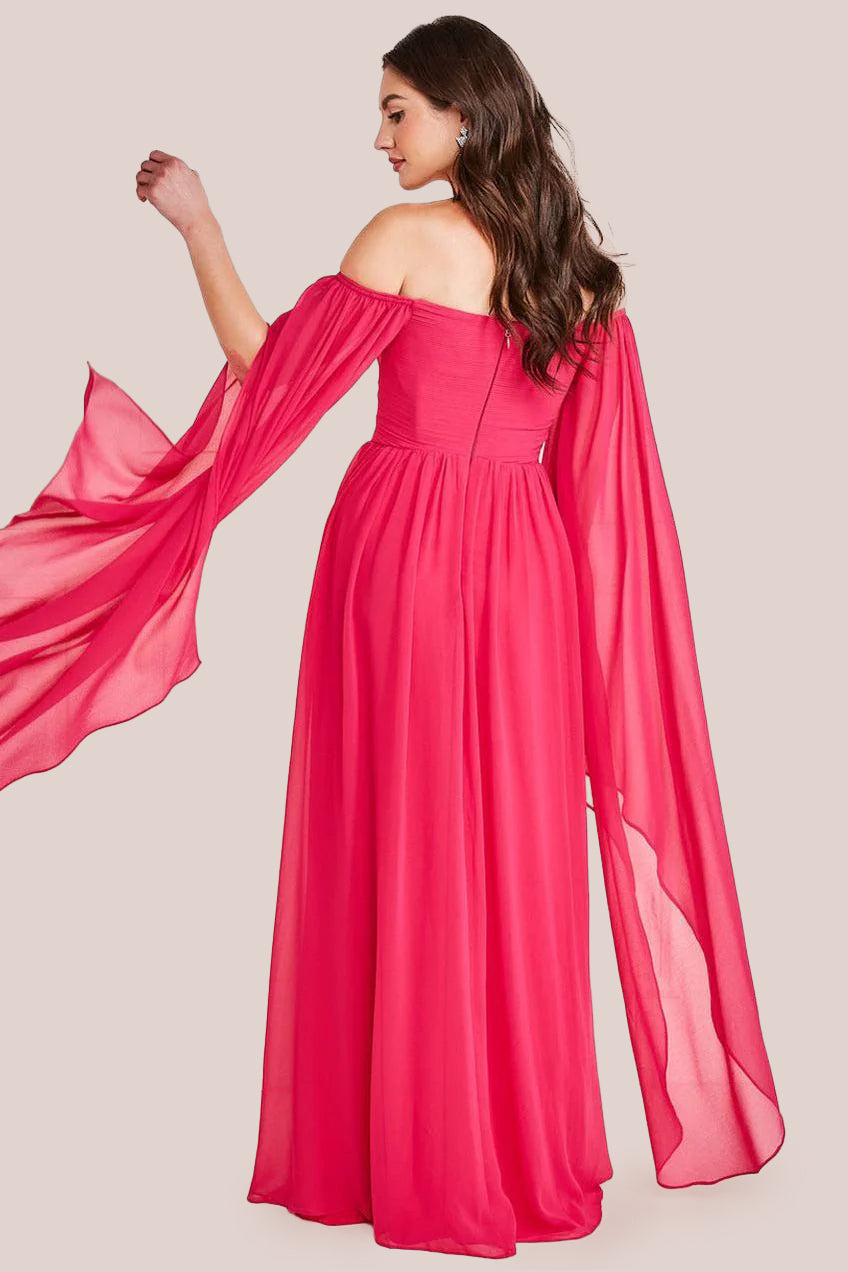Chiffon Off The Shoulder Maxi With Cape Sleeves  - Hot Pink by Goddiva