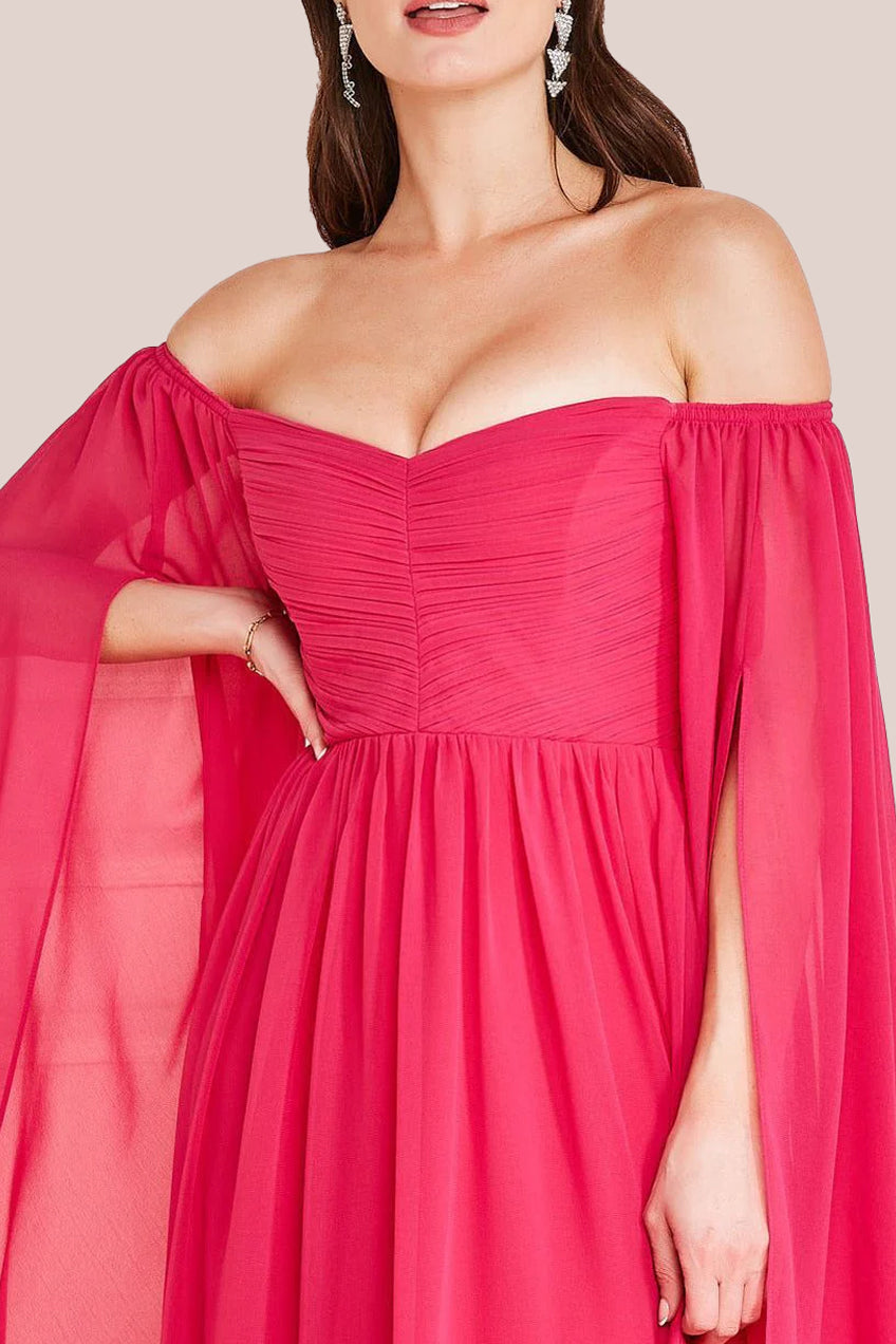 Chiffon Off The Shoulder Maxi With Cape Sleeves  - Hot Pink by Goddiva