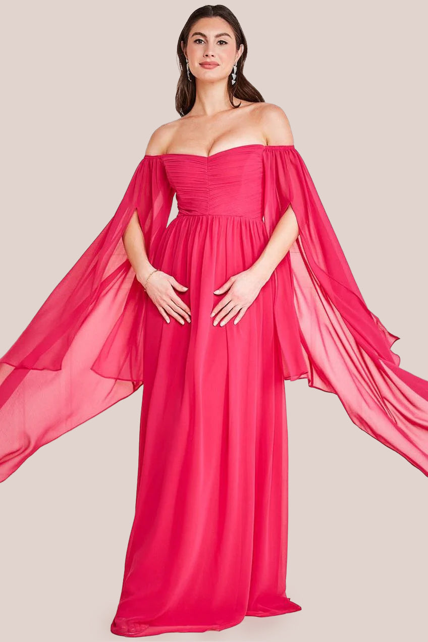 Chiffon Off The Shoulder Maxi With Cape Sleeves  - Hot Pink by Goddiva