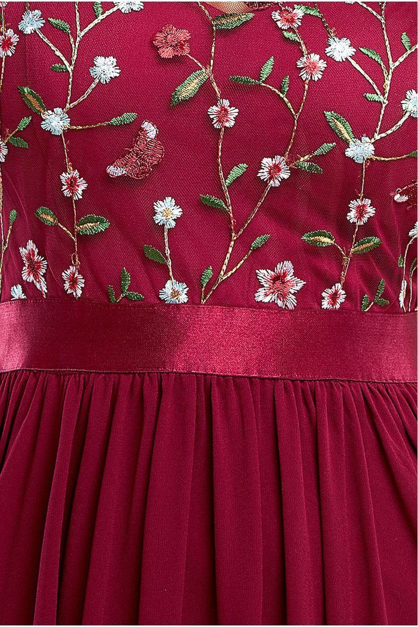 Embroidered Top Flutter Sleeve Maxi - Burgundy by Goddiva