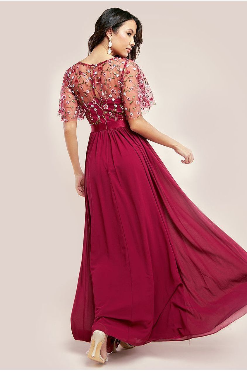 Embroidered Top Flutter Sleeve Maxi - Burgundy by Goddiva