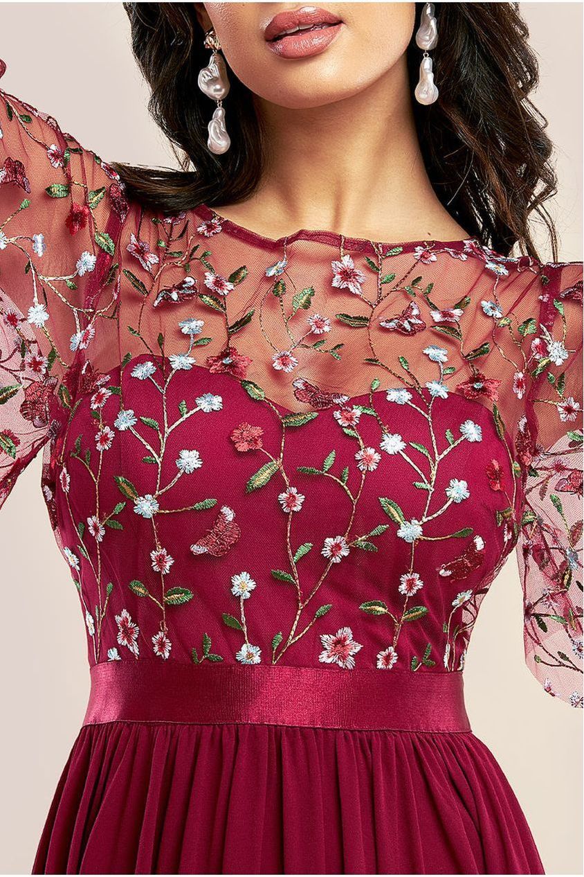 Embroidered Top Flutter Sleeve Maxi - Burgundy by Goddiva