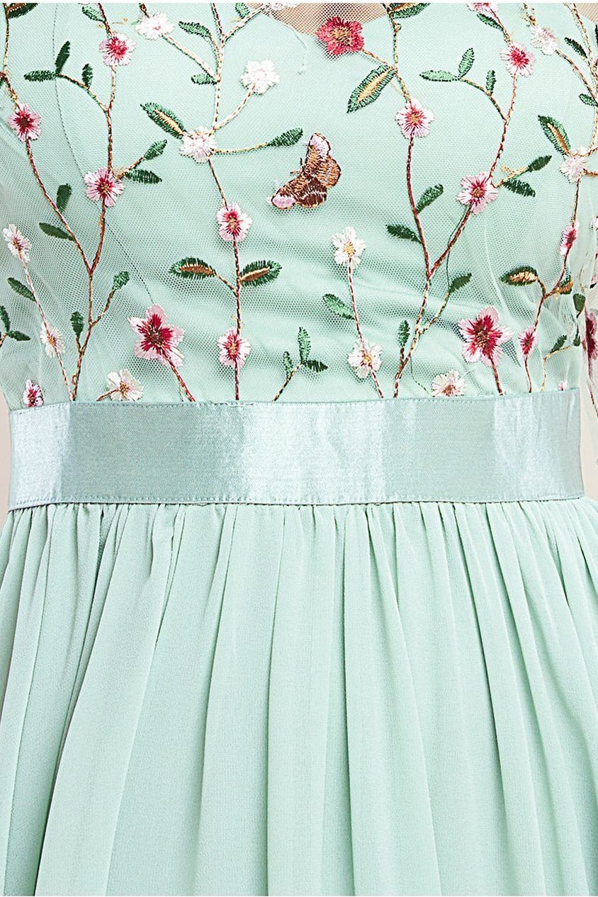 Embroidered Top Flutter Sleeve Maxi - Sage Green by Goddiva