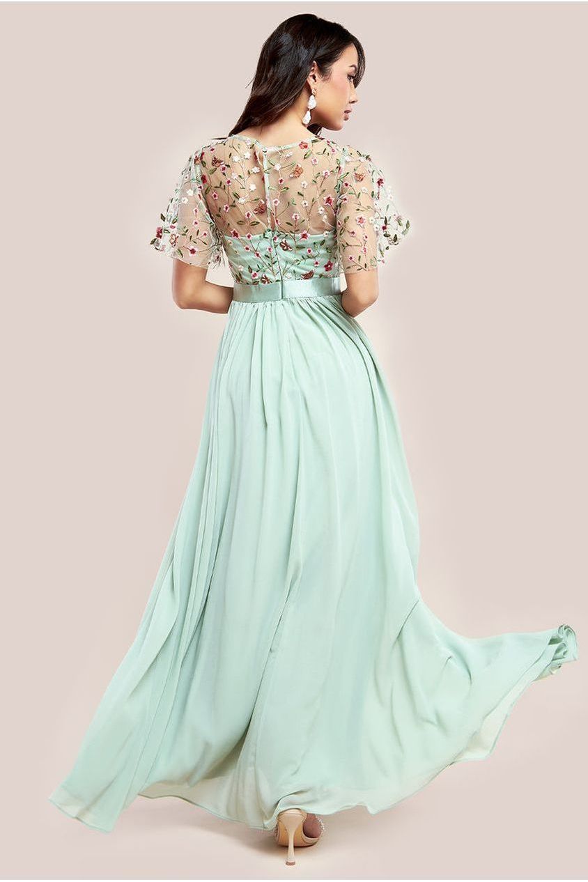 Embroidered Top Flutter Sleeve Maxi - Sage Green by Goddiva