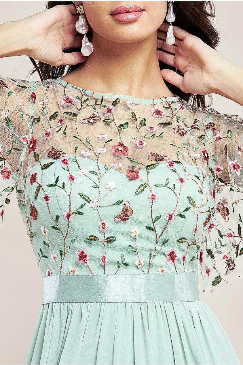 Embroidered Top Flutter Sleeve Maxi - Sage Green by Goddiva