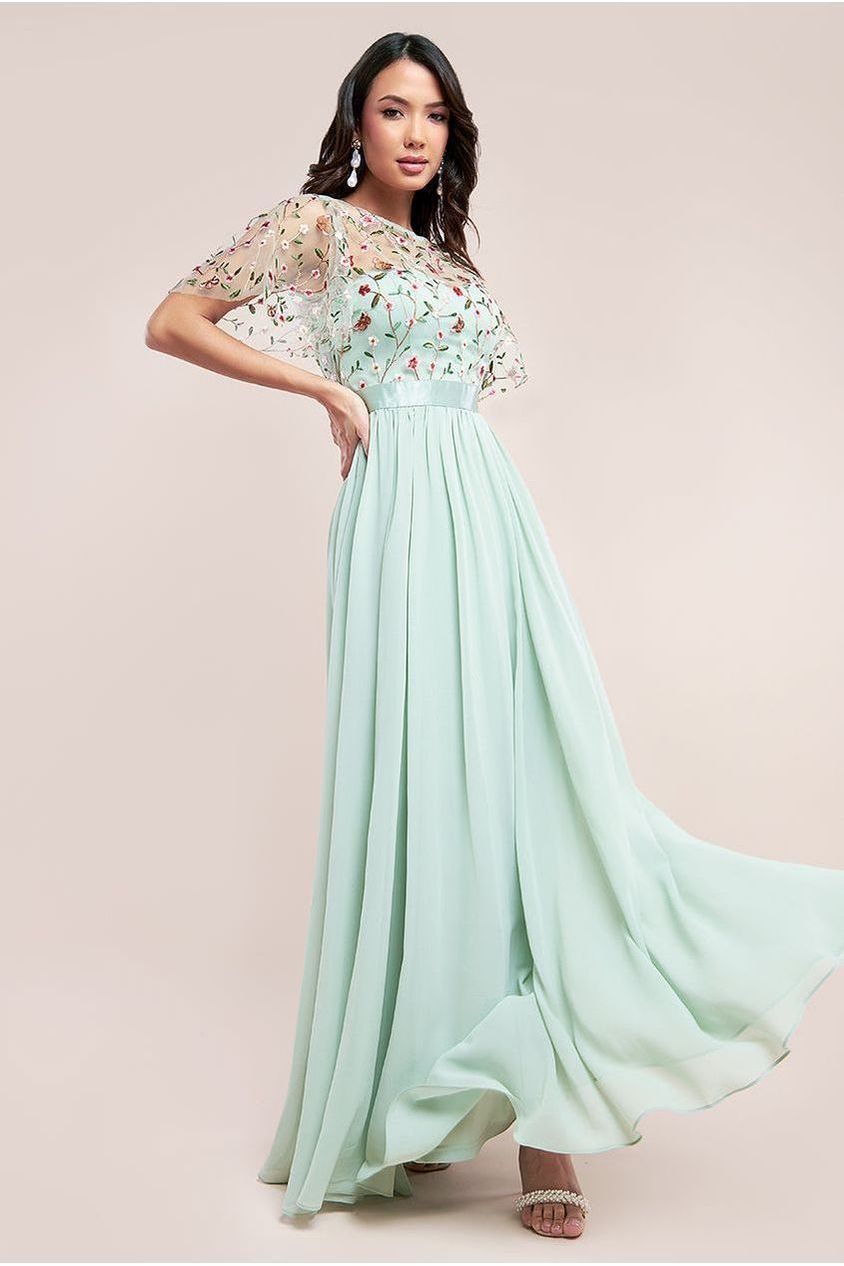 Embroidered Top Flutter Sleeve Maxi - Sage Green by Goddiva
