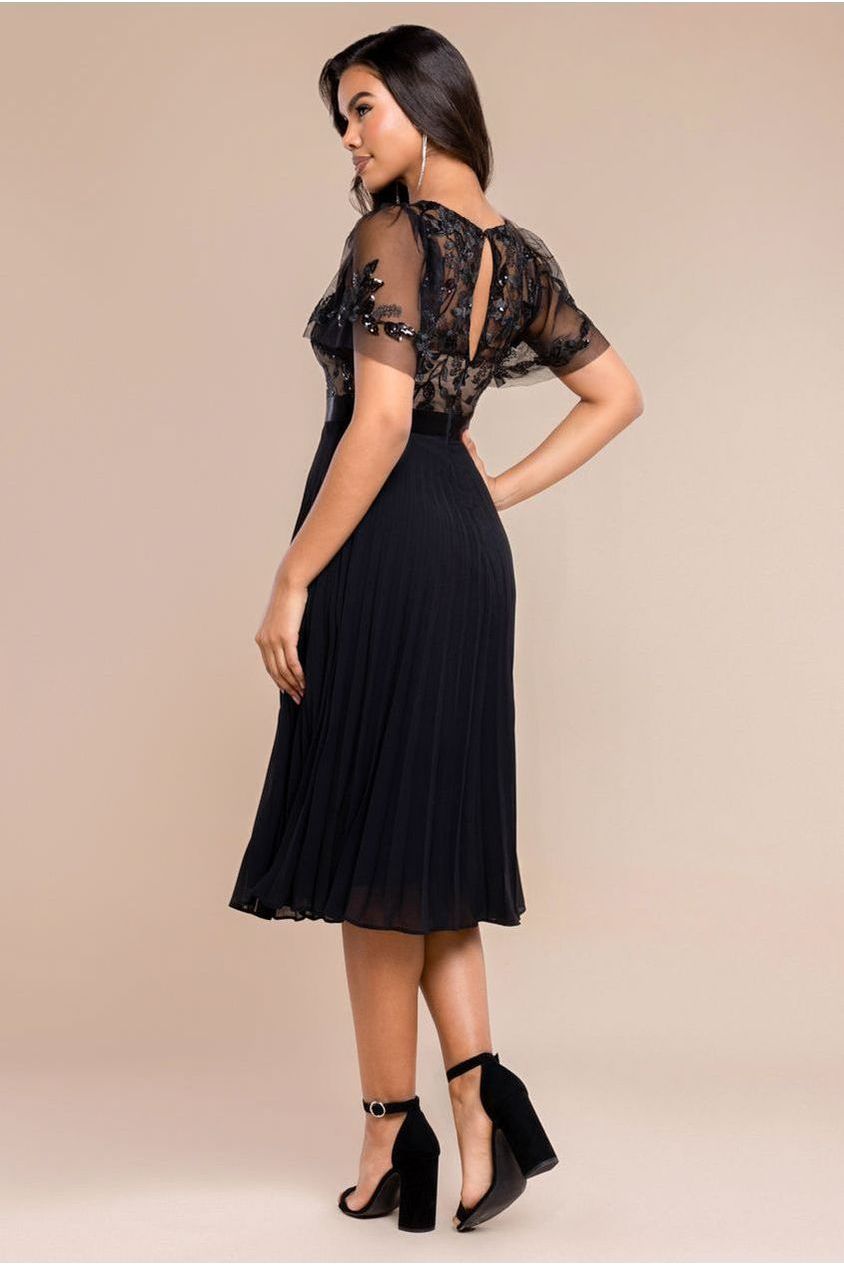 Embroidered Top Chiffon Pleated Midi - Black by Goddiva