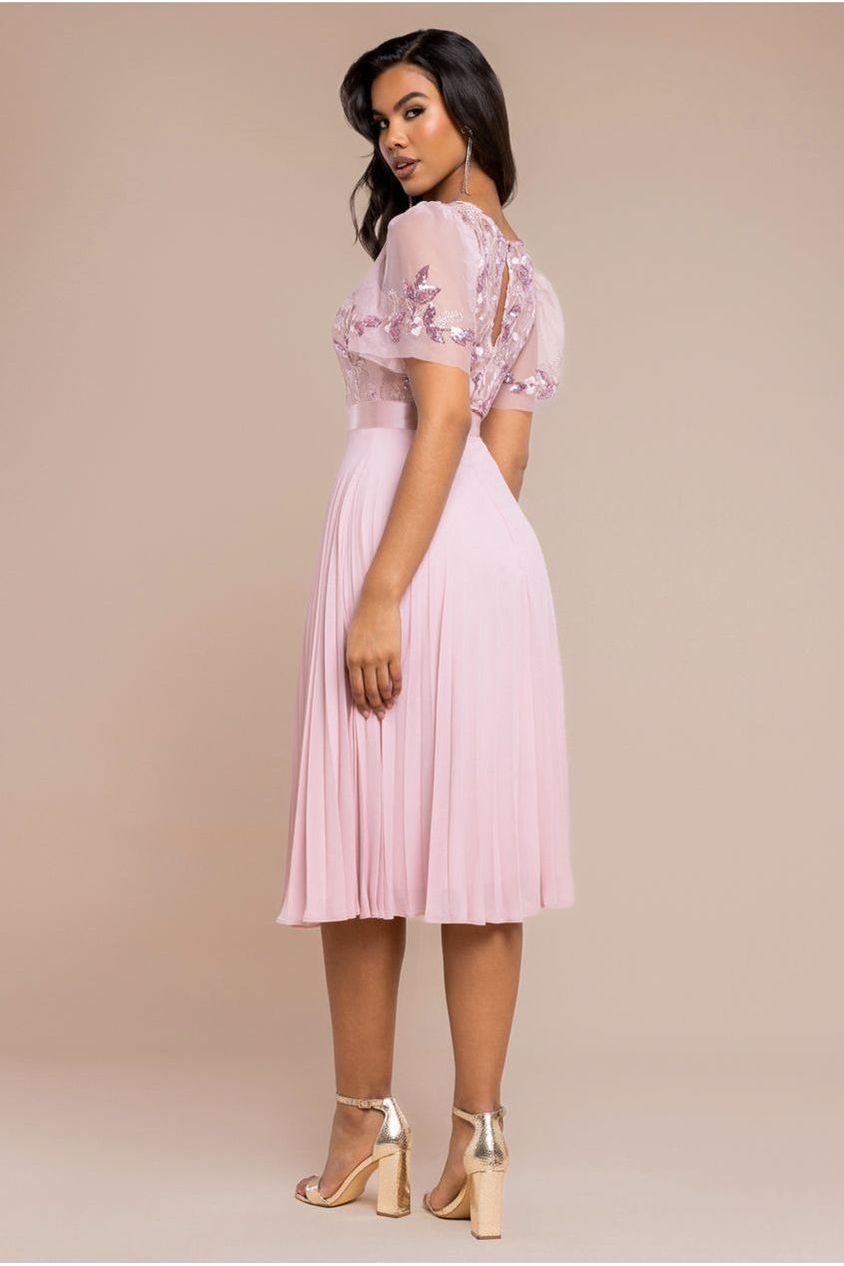 Embroidered Top Chiffon Pleated Midi - Blush Pink by Goddiva