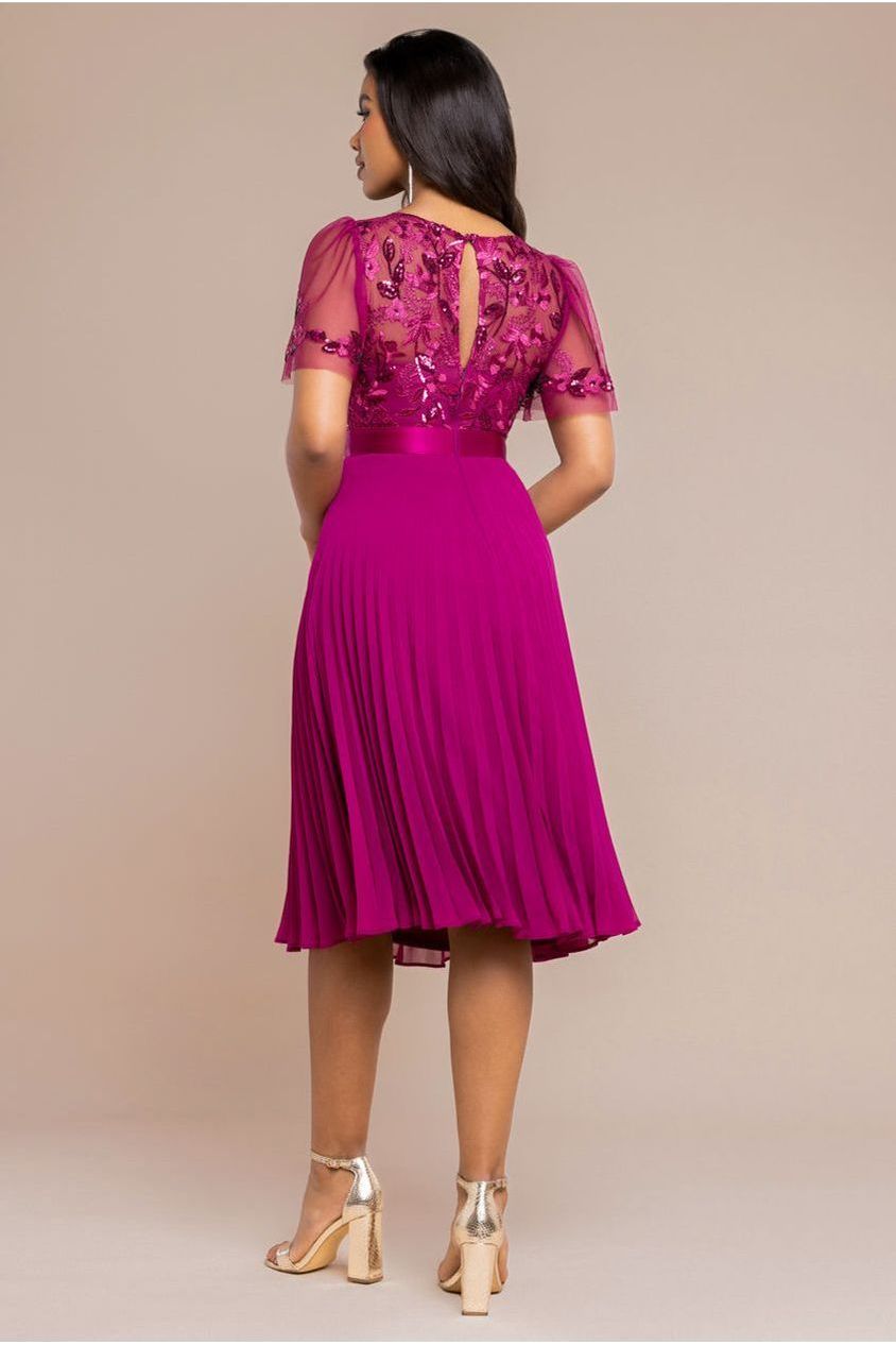 Embroidered Top Chiffon Pleated Midi - Magenta by Goddiva