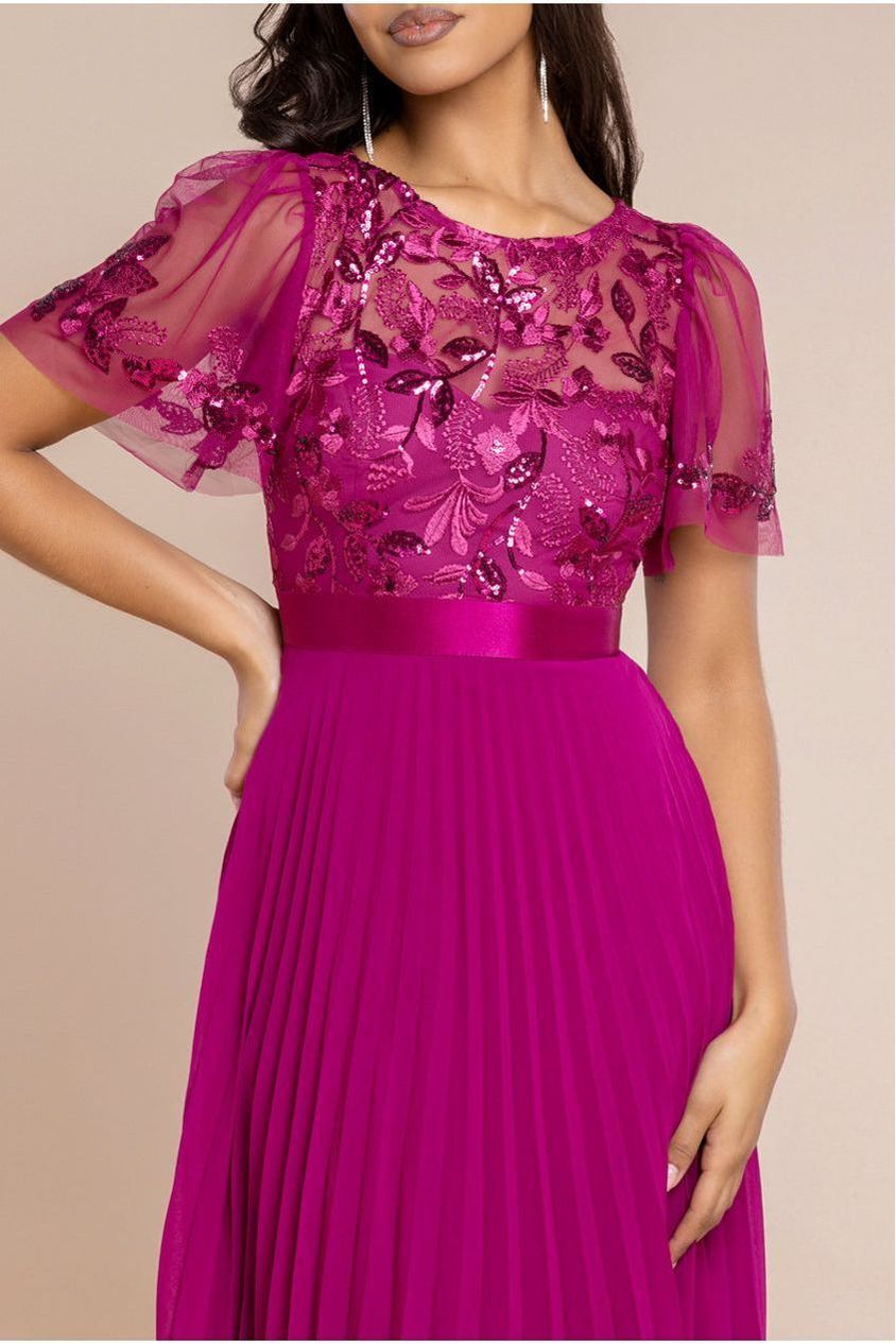 Embroidered Top Chiffon Pleated Midi - Magenta by Goddiva
