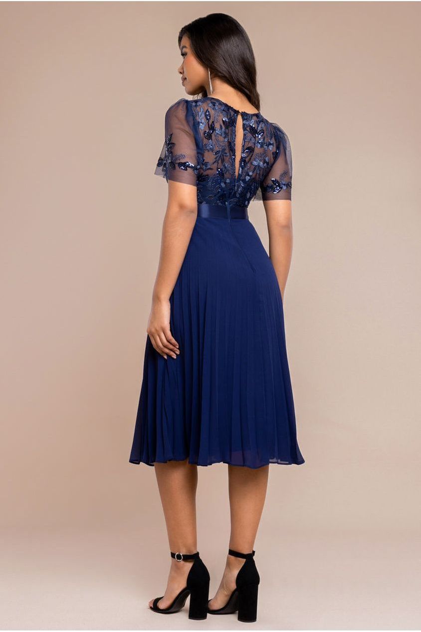 Embroidered Top Chiffon Pleated Midi - Navy Blue by Goddiva