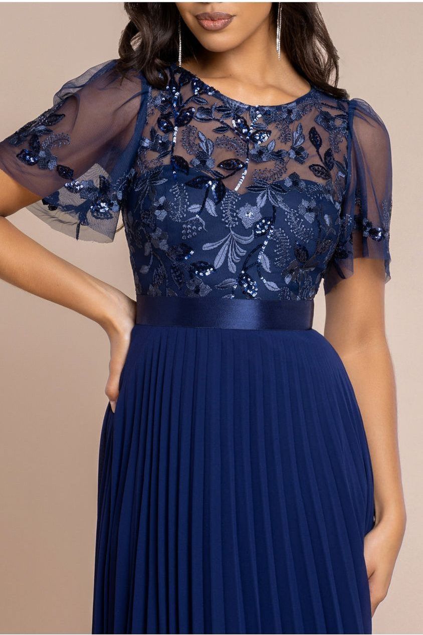 Embroidered Top Chiffon Pleated Midi - Navy Blue by Goddiva