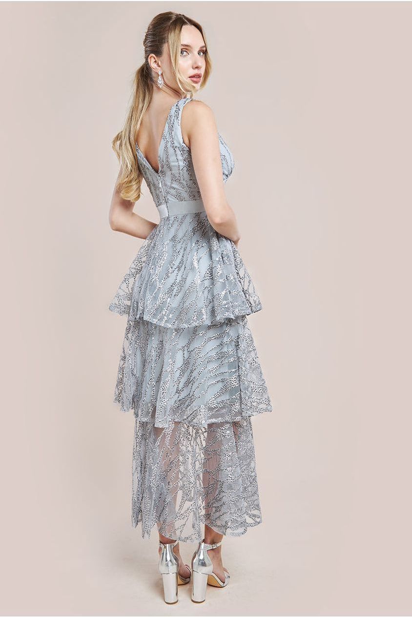 Embroidered Mesh Tiered Midi Dress - Grey by Goddiva