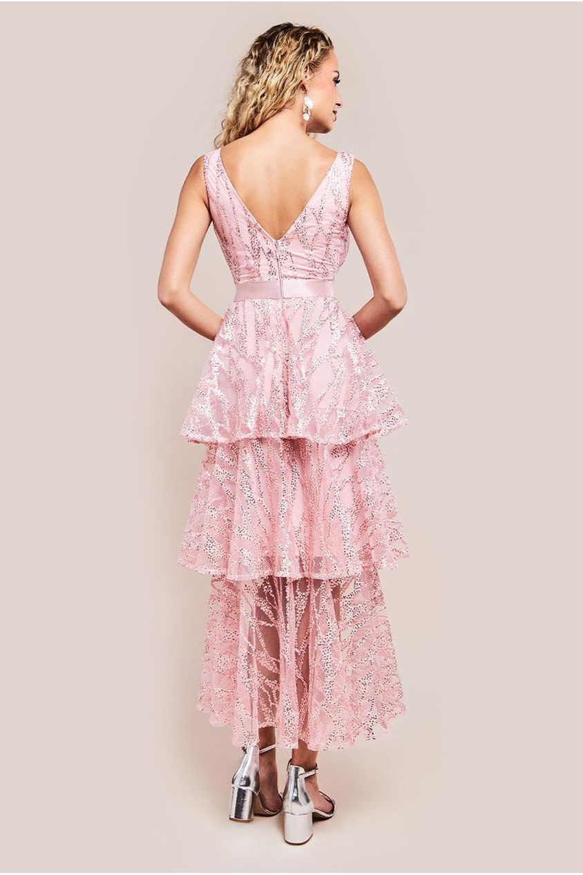 Embroidered Mesh Tiered Midi Dress - Pink by Goddiva