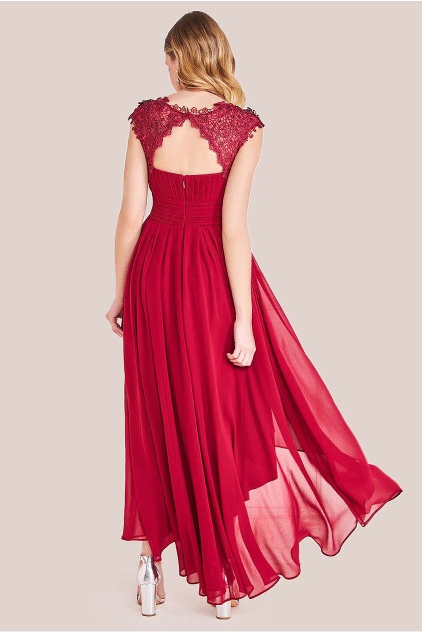 Crochet & Pleated Top High Low Maxi - Burgundy by Goddiva