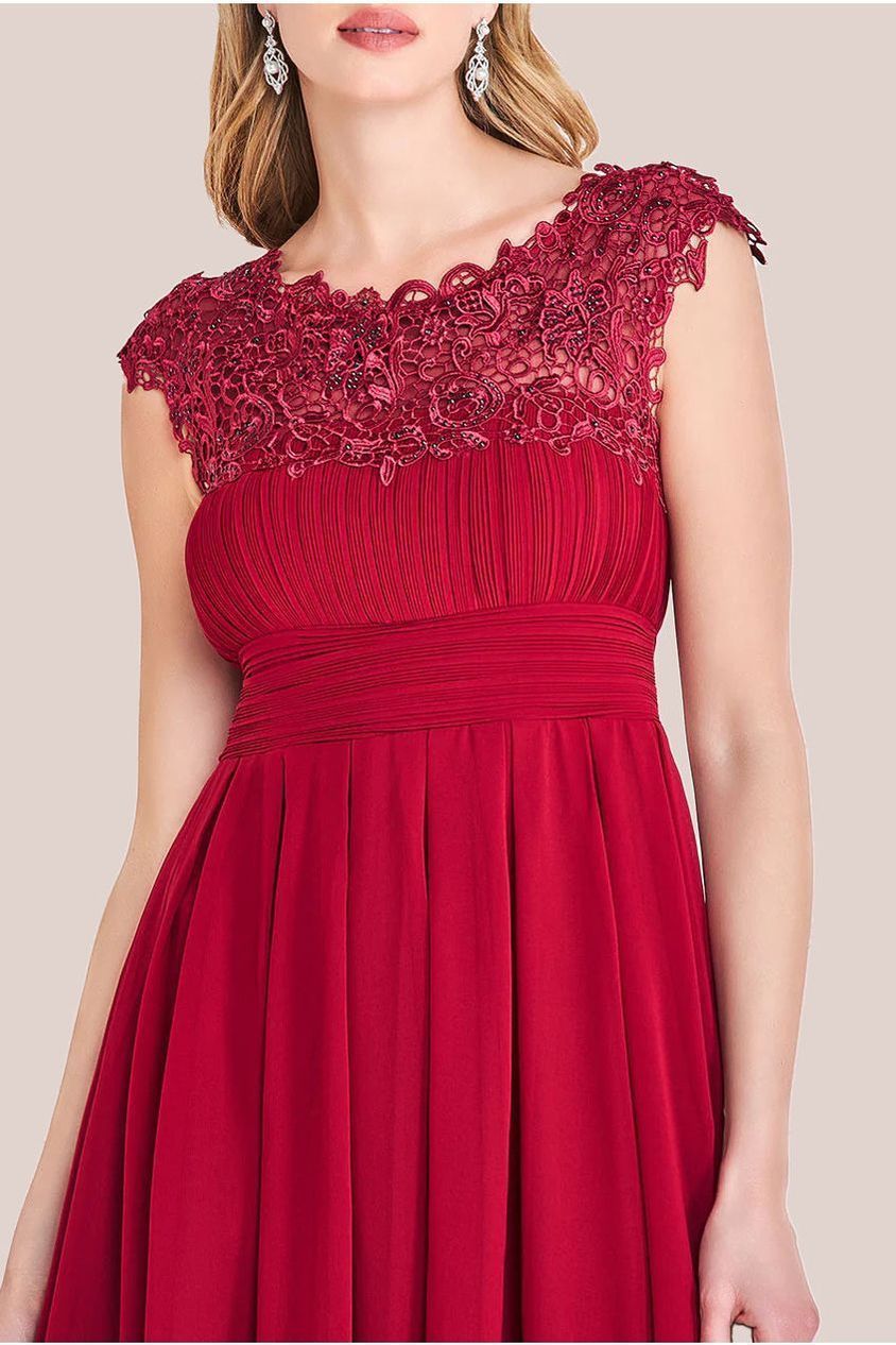 Crochet & Pleated Top High Low Maxi - Burgundy by Goddiva