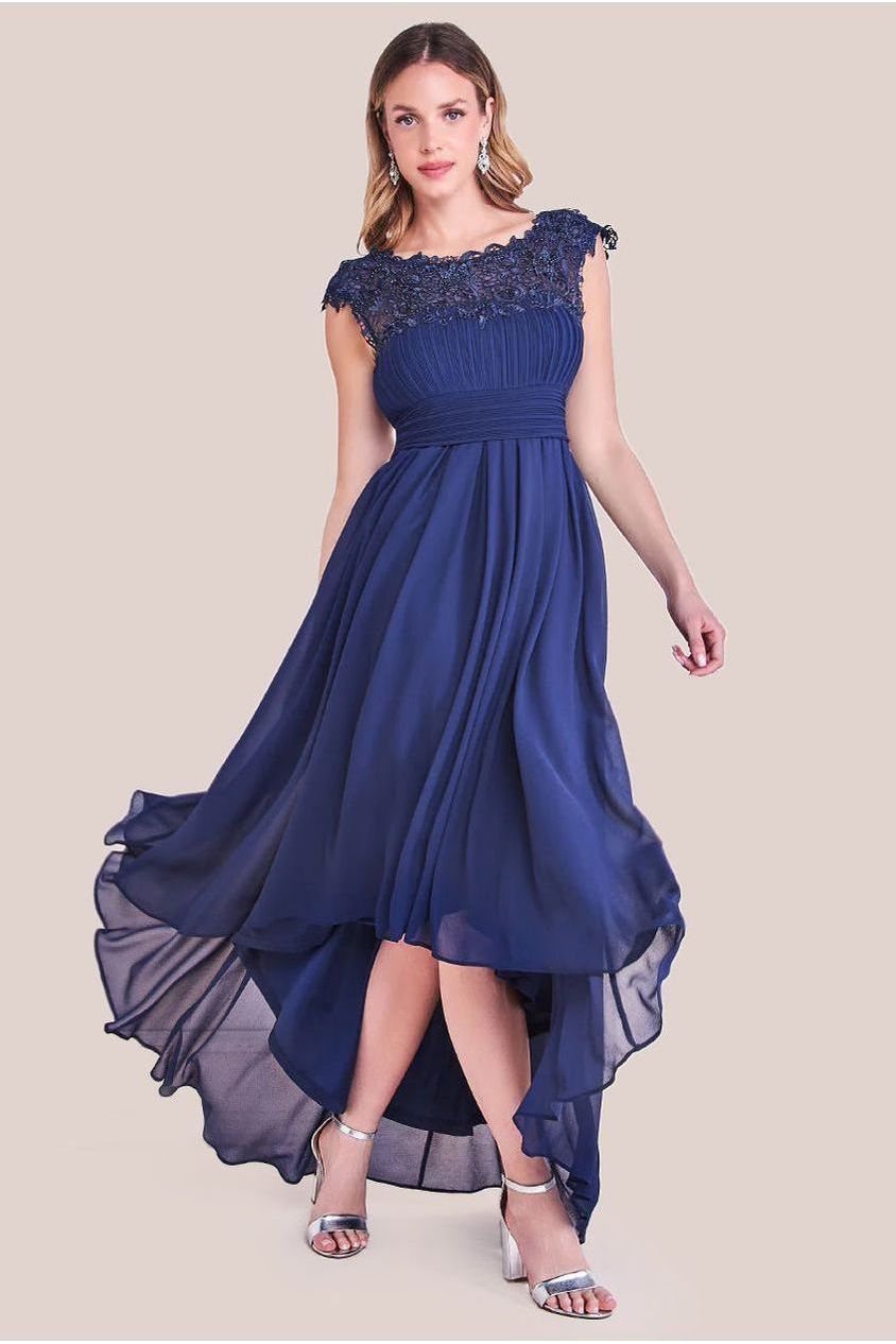 Crochet & Pleated Top High Low Maxi - Navy by Goddiva