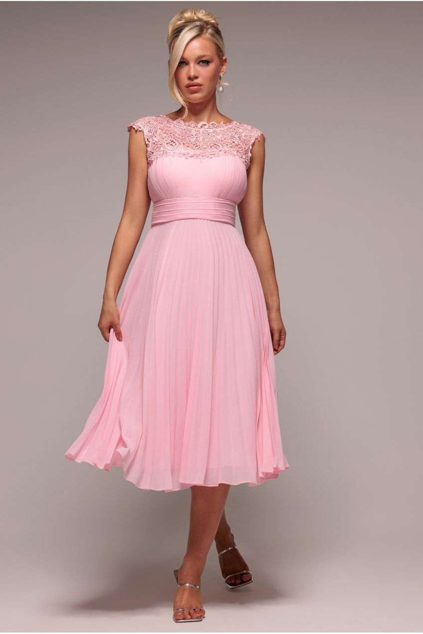 Crochet & Pleated Top Midi Dress - Blush Pink by Goddiva