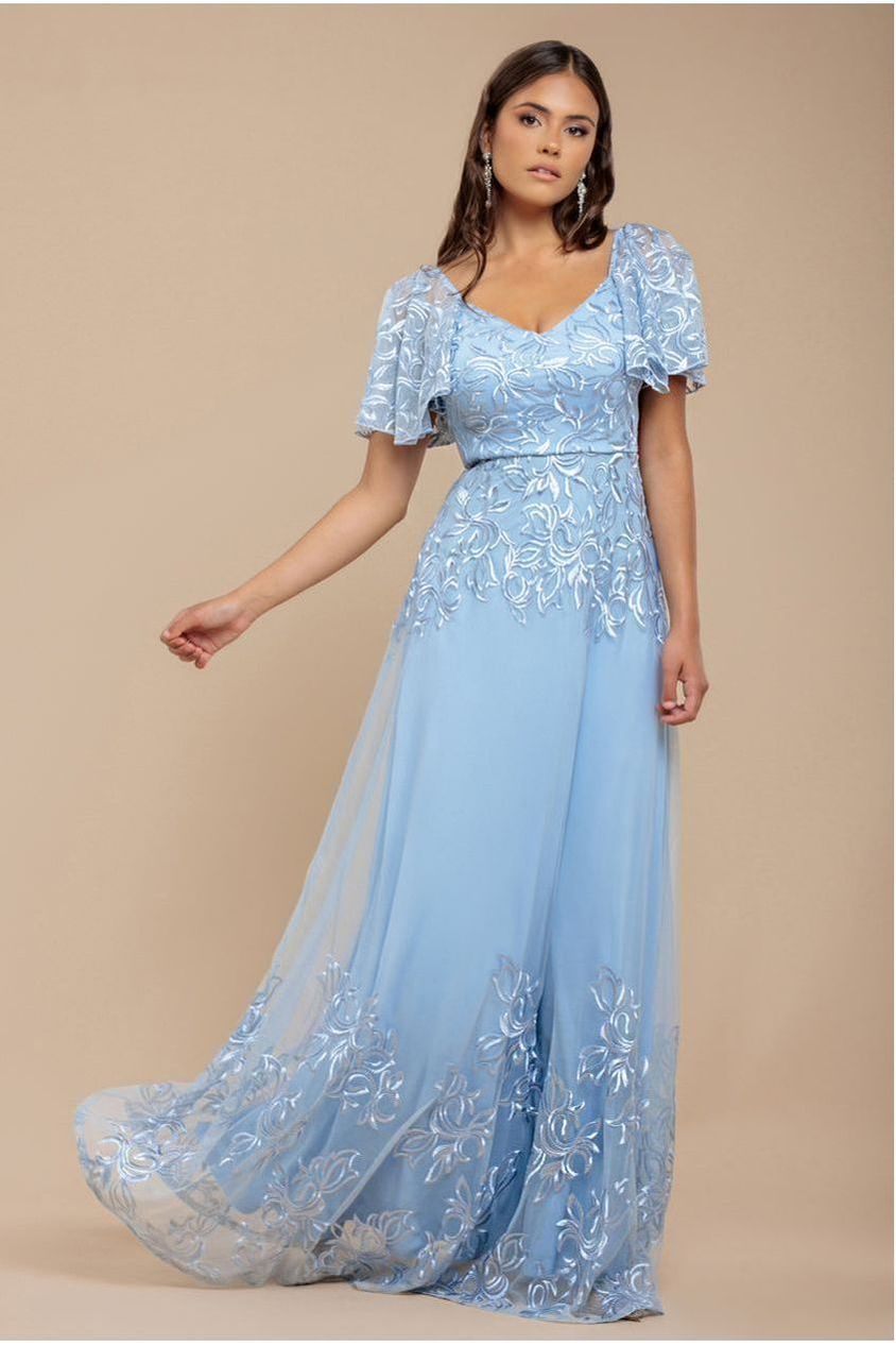 Lace Flutter Sleeve Embroidered Mesh A Line Maxi Dress - Blue by Goddiva