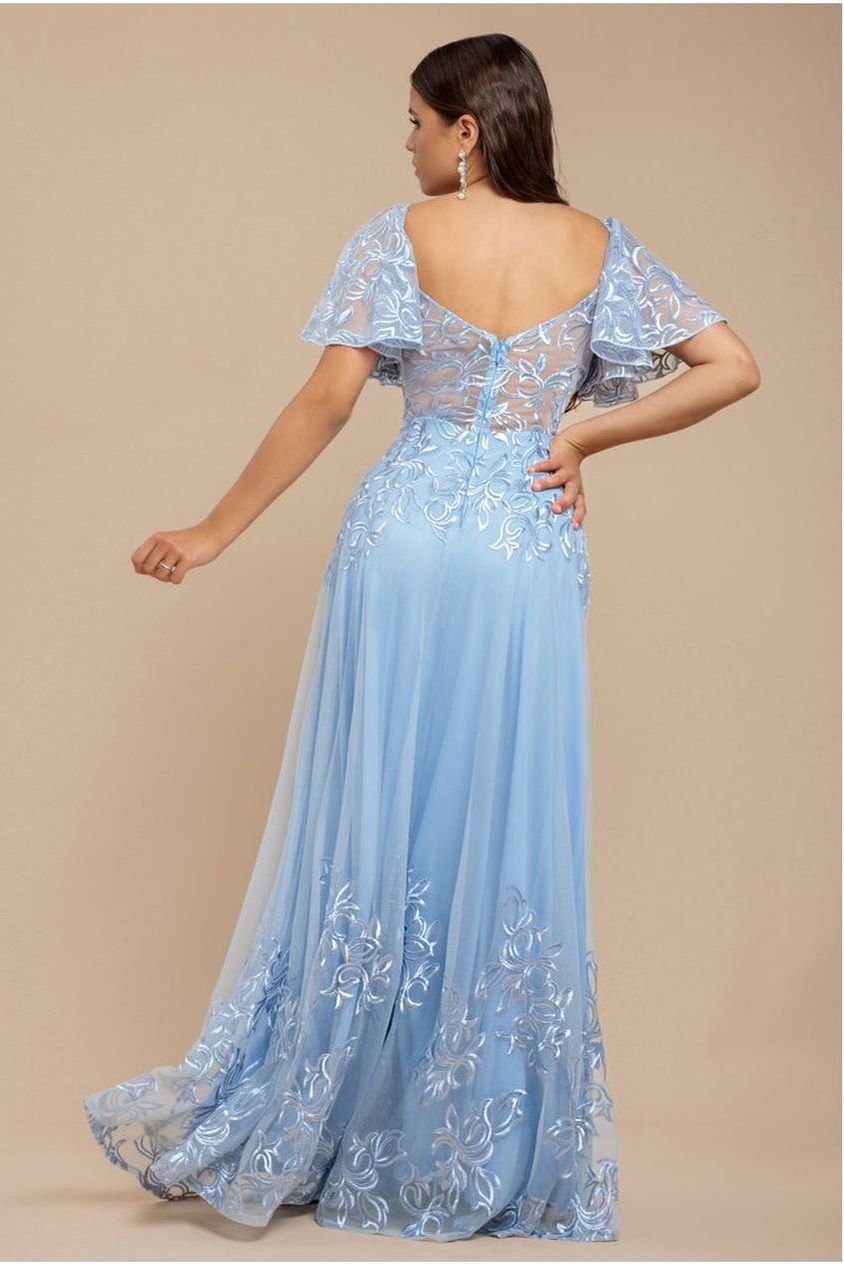 Lace Flutter Sleeve Embroidered Mesh A Line Maxi Dress - Blue by Goddiva