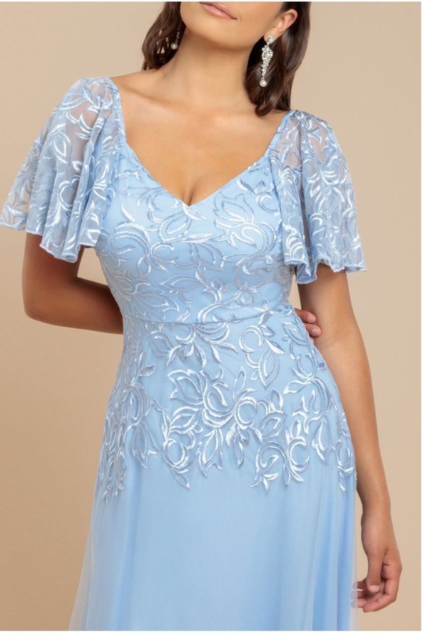 Lace Flutter Sleeve Embroidered Mesh A Line Maxi Dress - Blue by Goddiva
