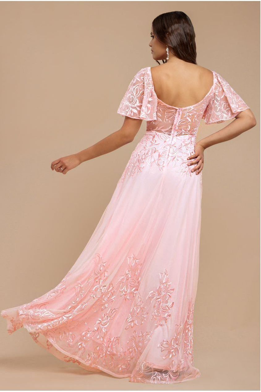 Lace Flutter Sleeve Embroidered Mesh A Line Maxi Dress - Pink by Goddiva