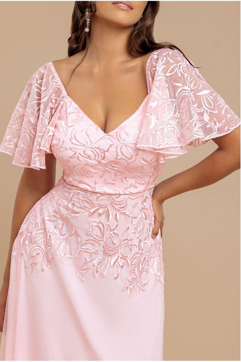 Lace Flutter Sleeve Embroidered Mesh A Line Maxi Dress - Pink by Goddiva