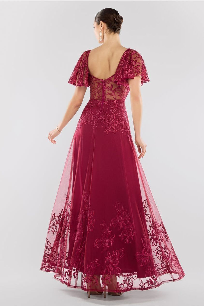 Lace Flutter Sleeve Embroidered Mesh A Line Maxi Dress - Burgundy by Goddiva