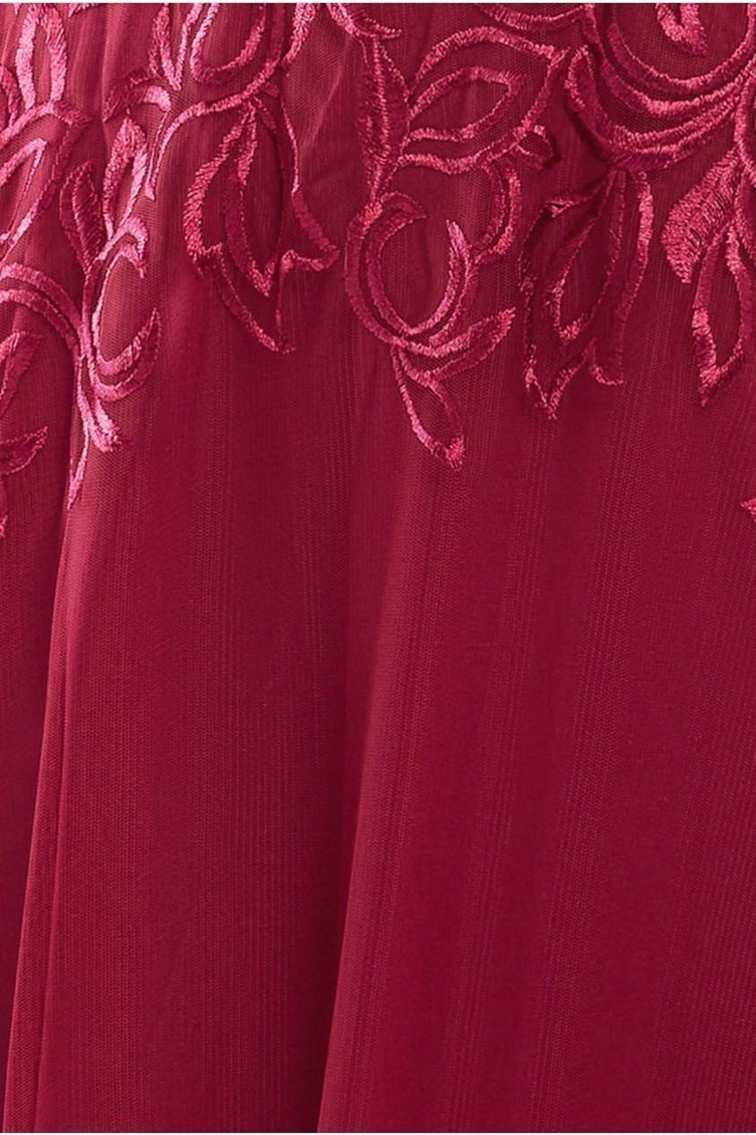 Lace Flutter Sleeve Embroidered Mesh A Line Maxi Dress - Burgundy by Goddiva