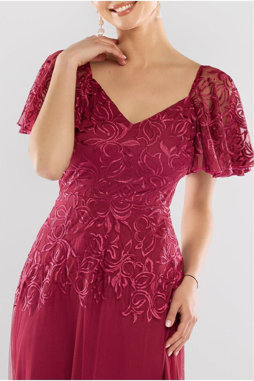 Lace Flutter Sleeve Embroidered Mesh A Line Maxi Dress - Burgundy by Goddiva