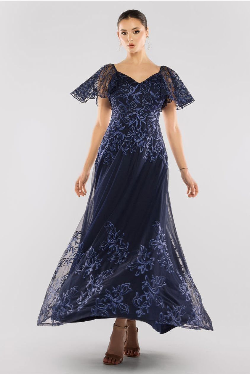 Lace Flutter Sleeve Embroidered Mesh A Line Maxi Dress - Navy Blue by Goddiva