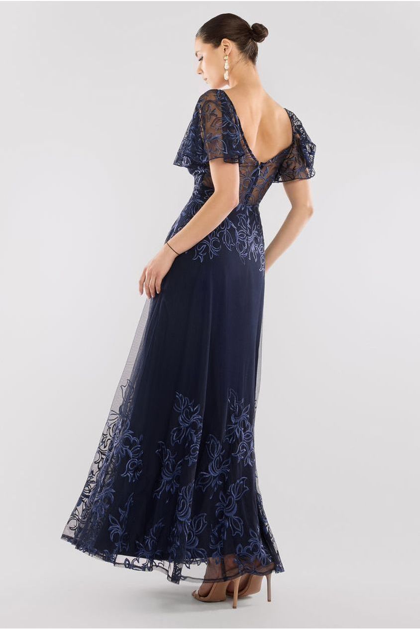 Lace Flutter Sleeve Embroidered Mesh A Line Maxi Dress - Navy Blue by Goddiva