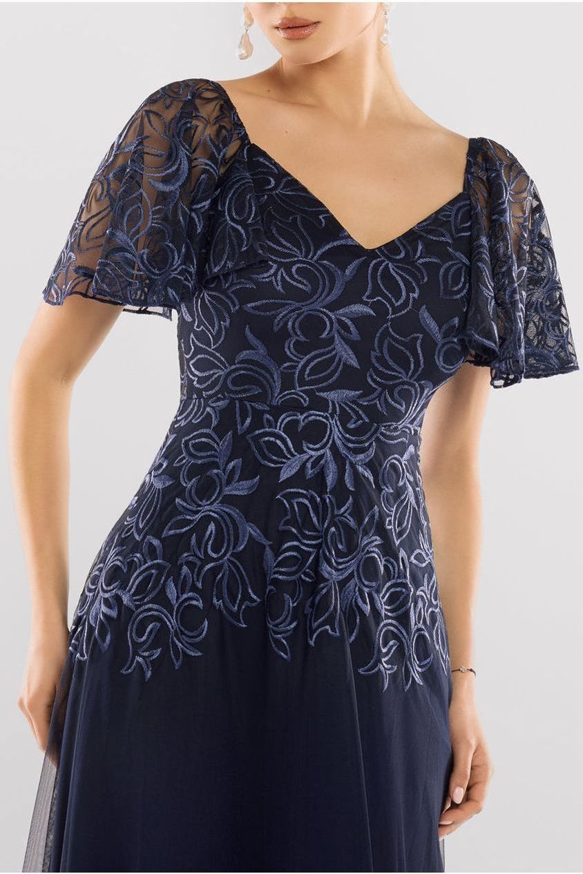 Lace Flutter Sleeve Embroidered Mesh A Line Maxi Dress - Navy Blue by Goddiva