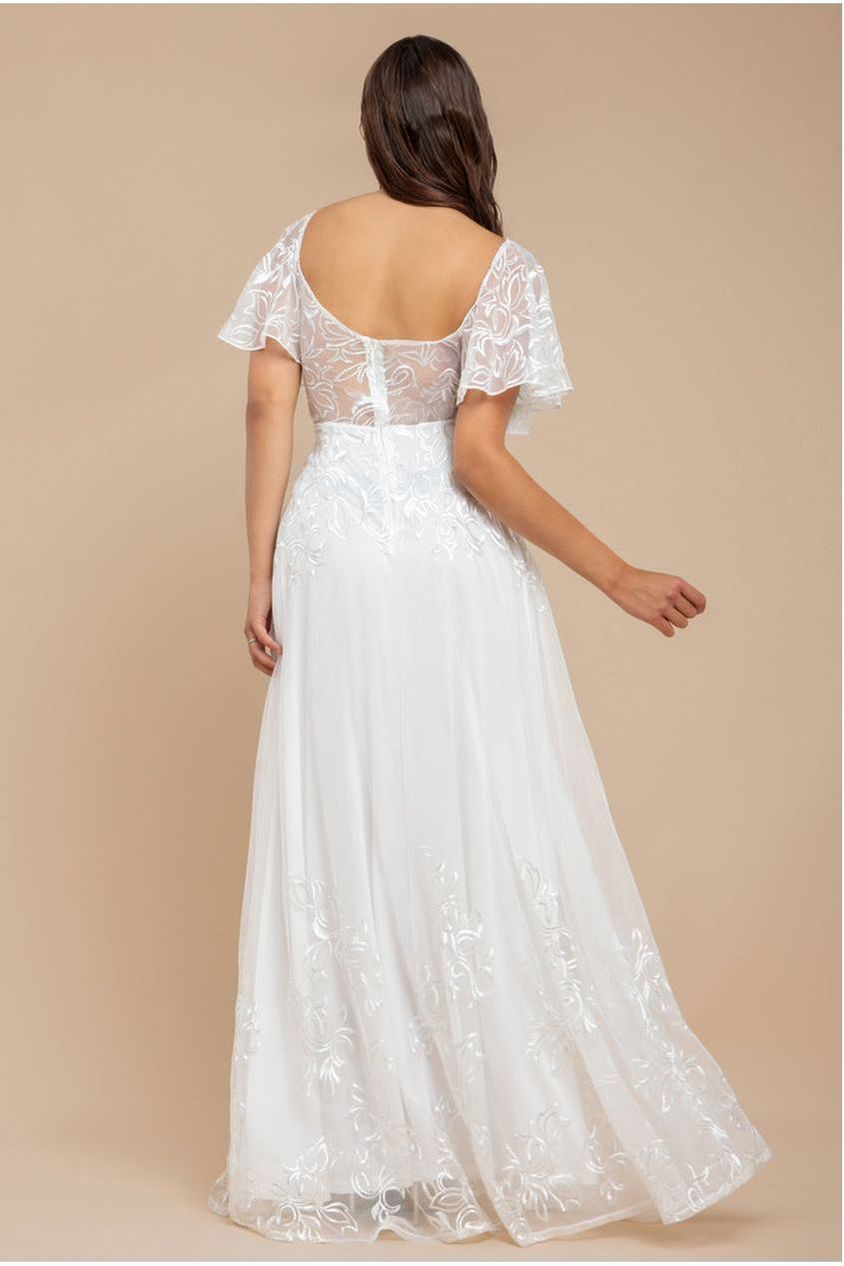 Lace Flutter Sleeve Embroidered Mesh A Line Maxi Dress - White by Goddiva