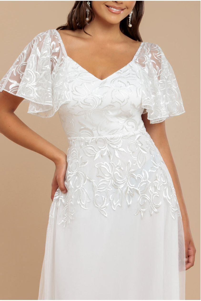 Lace Flutter Sleeve Embroidered Mesh A Line Maxi Dress - White by Goddiva