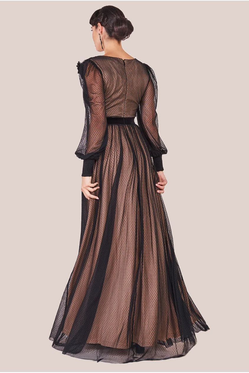 Corsage V-Neck Dobby Mesh Maxi - Black by Goddiva