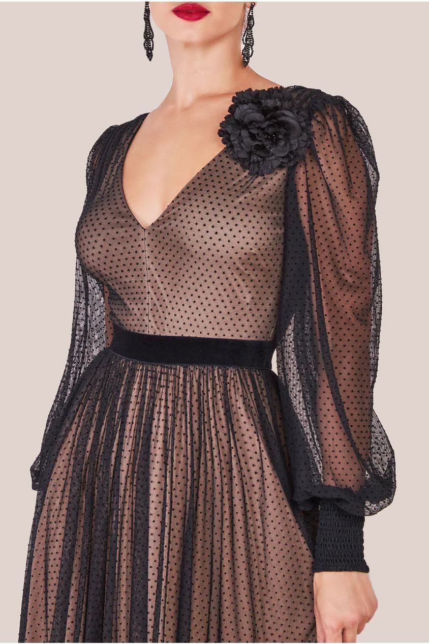 Corsage V-Neck Dobby Mesh Maxi - Black by Goddiva