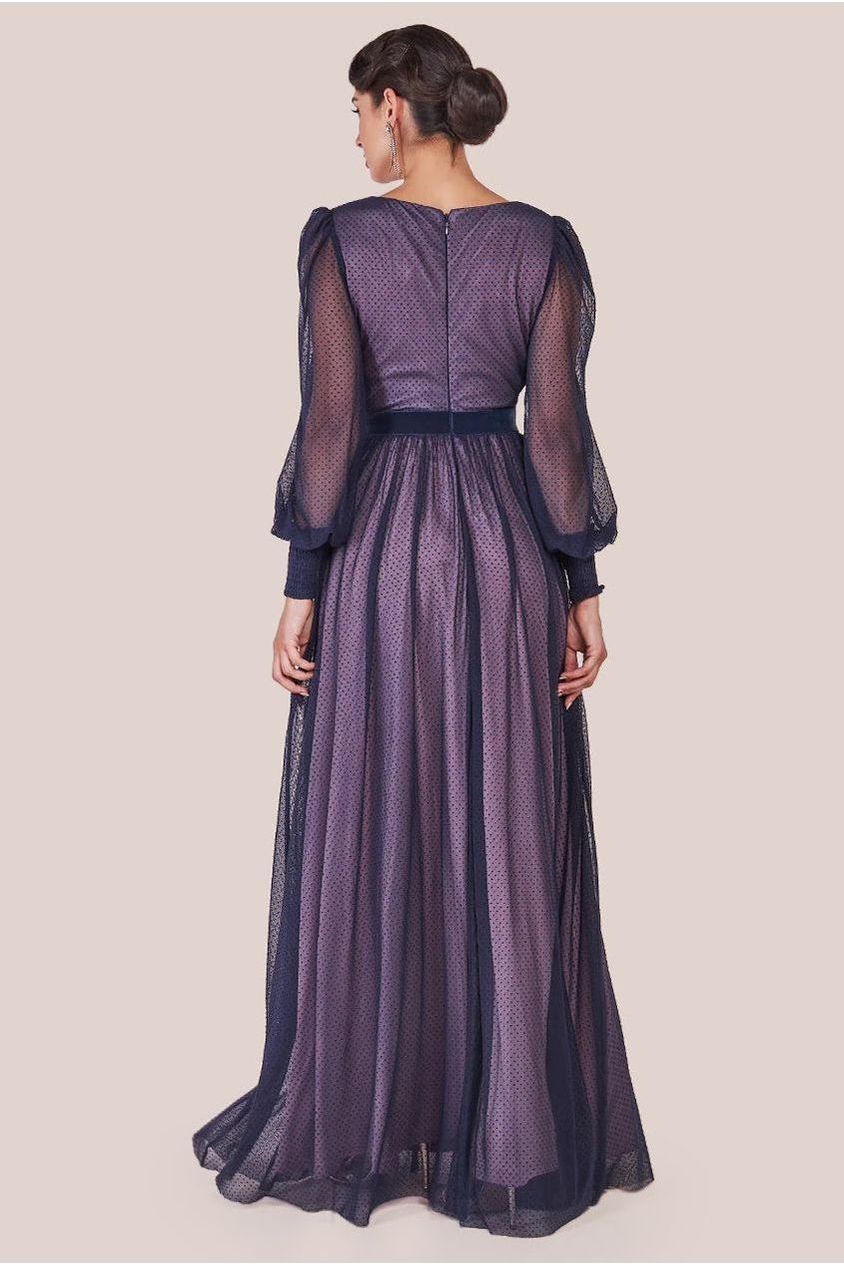 Corsage V-Neck Dobby Mesh Maxi - Blue by Goddiva