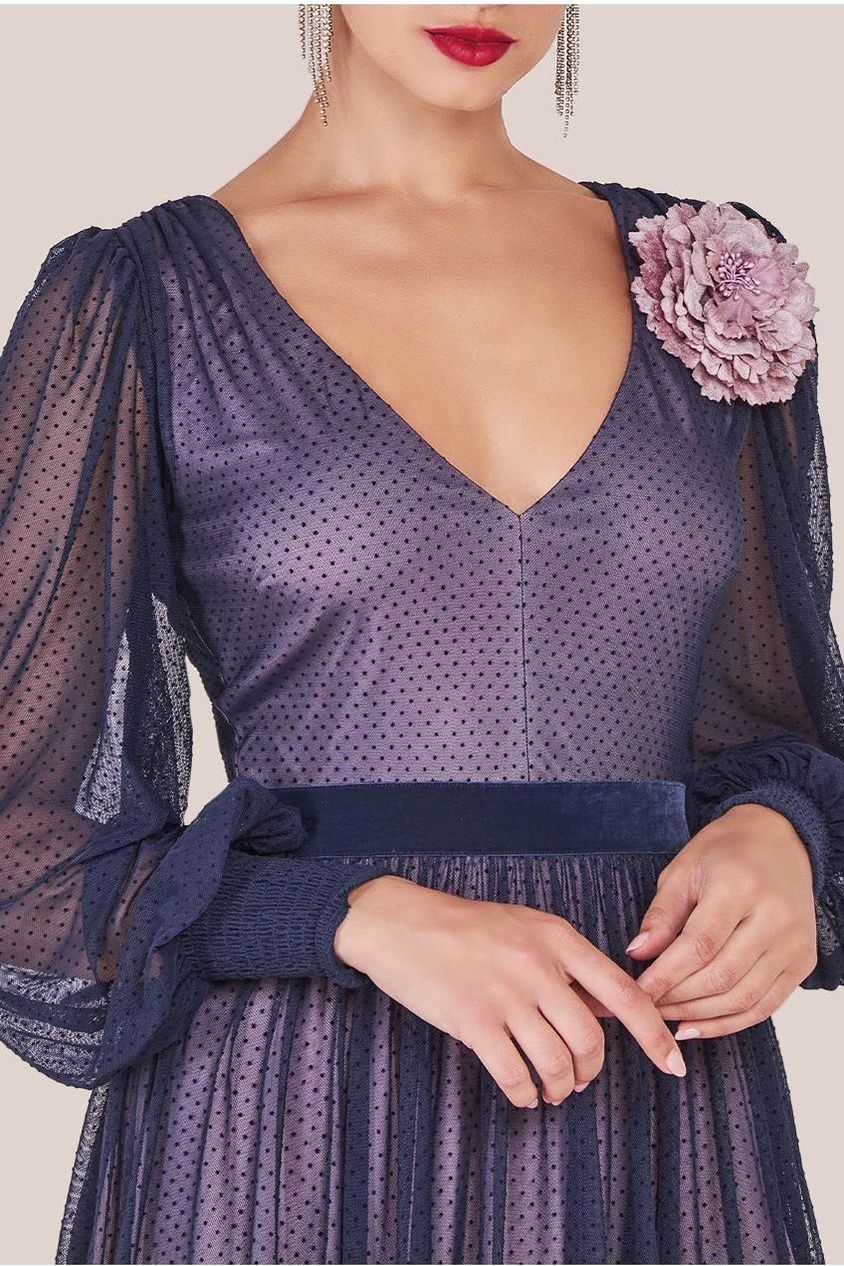 Corsage V-Neck Dobby Mesh Maxi - Blue by Goddiva