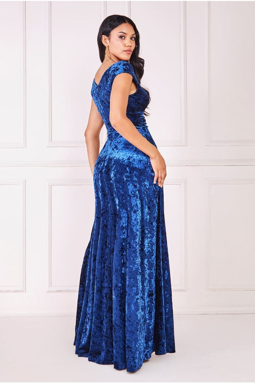 Ice Velvet Bardot Wrap Maxi - Navy by Goddiva